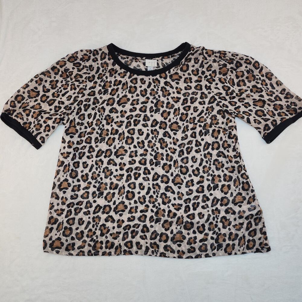 Cheetah Leopard Chiffon Shirt Womens Large Burnout Textured Cream Brown Black